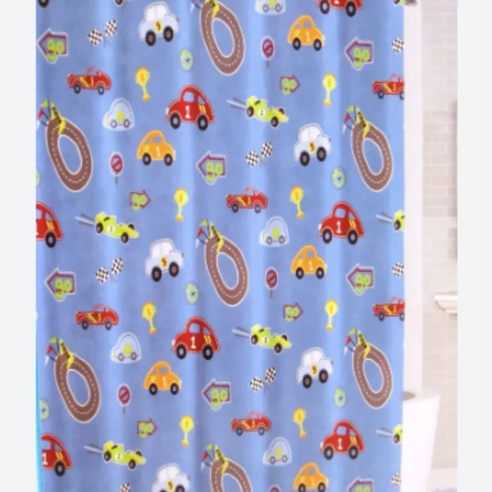 Kassatex boys bath car set: shower curtain, towels, soap dish, tray, covered jar